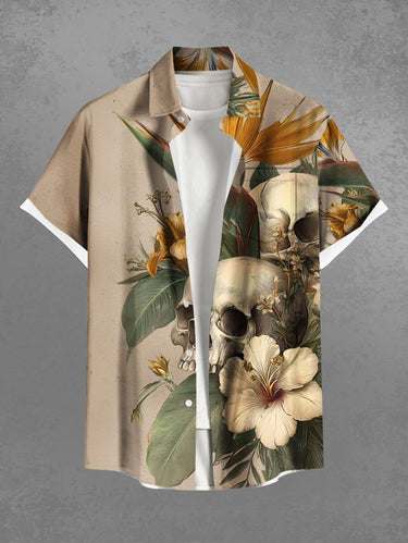 Gothic Plus Size Skulls Flower Leaf Print Buttons Pocket Shirt For Men