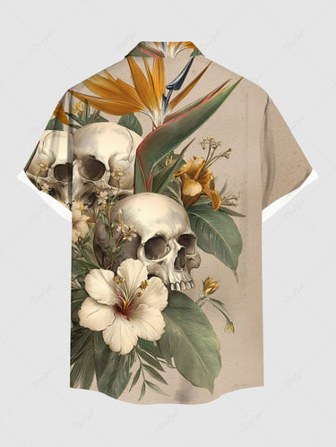 Gothic Plus Size Skulls Flower Leaf Print Buttons Pocket Shirt For Men