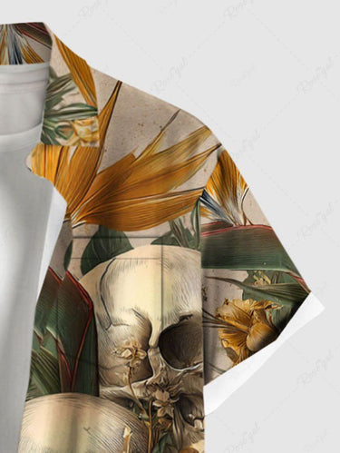 Gothic Plus Size Skulls Flower Leaf Print Buttons Pocket Shirt For Men