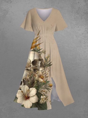 Gothic Plus Size Skulls Flower Leaf Print Split Midi Dress