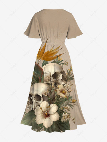 Gothic Plus Size Skulls Flower Leaf Print Split Midi Dress