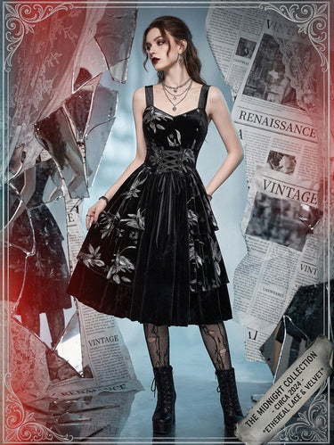 Gothic Flower Leaf Gilding Lace Up Layered A Line Velvet Tank Dress