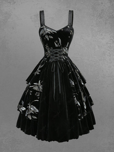 Gothic Flower Leaf Gilding Lace Up Layered A Line Velvet Tank Dress