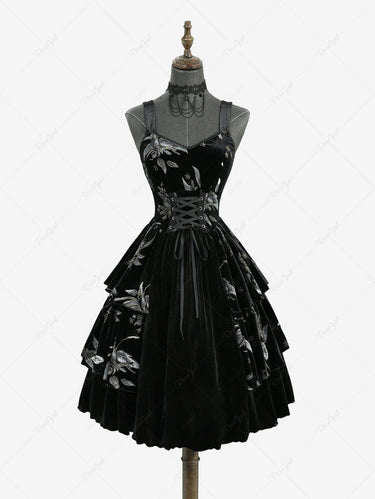 Gothic Flower Leaf Gilding Lace Up Layered A Line Velvet Tank Dress