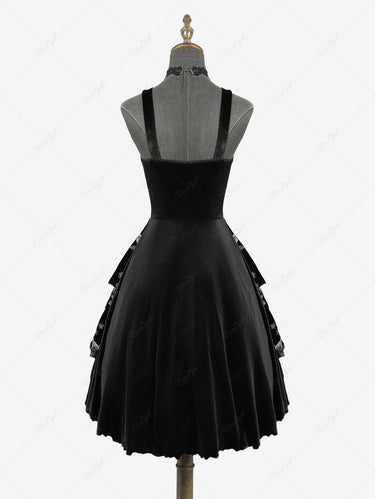 Gothic Flower Leaf Gilding Lace Up Layered A Line Velvet Tank Dress