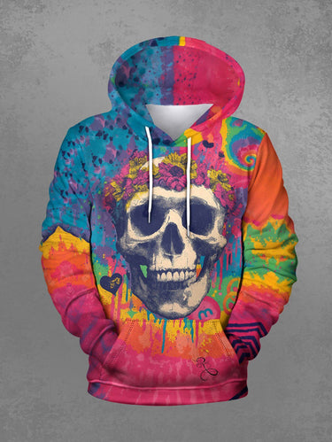 Gothic Plus Size Skull Flowers Spiral Tie Dye Paint Splatter Print Pockets Drawstring Hoodie For Men