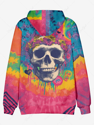 Gothic Plus Size Skull Flowers Spiral Tie Dye Paint Splatter Print Pockets Drawstring Hoodie For Men