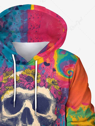 Gothic Plus Size Skull Flowers Spiral Tie Dye Paint Splatter Print Pockets Drawstring Hoodie For Men