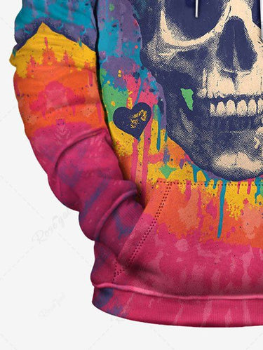 Gothic Plus Size Skull Flowers Spiral Tie Dye Paint Splatter Print Pockets Drawstring Hoodie For Men