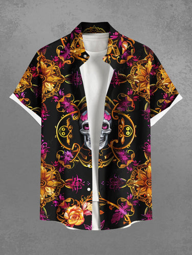 Gothic Plus Size Skull Flowers Heart Metallic Print Buttons Pocket Shirt For Men