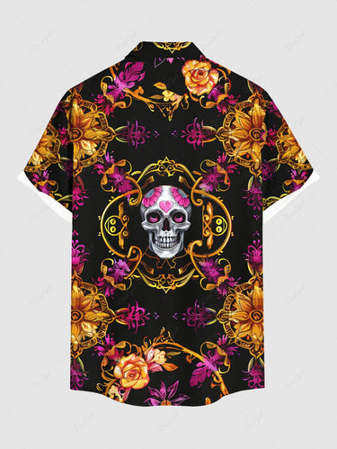 Gothic Plus Size Skull Flowers Heart Metallic Print Buttons Pocket Shirt For Men