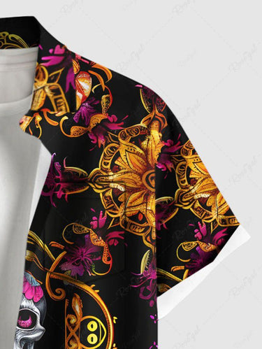 Gothic Plus Size Skull Flowers Heart Metallic Print Buttons Pocket Shirt For Men