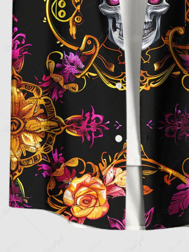 Gothic Plus Size Skull Flowers Heart Metallic Print Buttons Pocket Shirt For Men