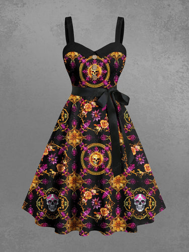 Gothic Plus Size Skull Flower Heart Metallic Print Buttons Turn Down Collar Dress With Belt