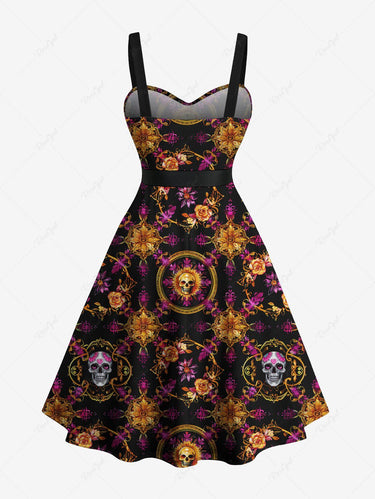 Gothic Plus Size Skull Flower Heart Metallic Print Buttons Turn Down Collar Dress With Belt