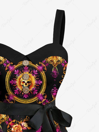 Gothic Plus Size Skull Flower Heart Metallic Print Buttons Turn Down Collar Dress With Belt