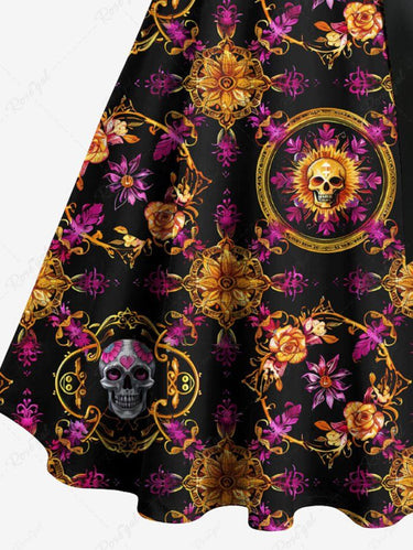 Gothic Plus Size Skull Flower Heart Metallic Print Buttons Turn Down Collar Dress With Belt