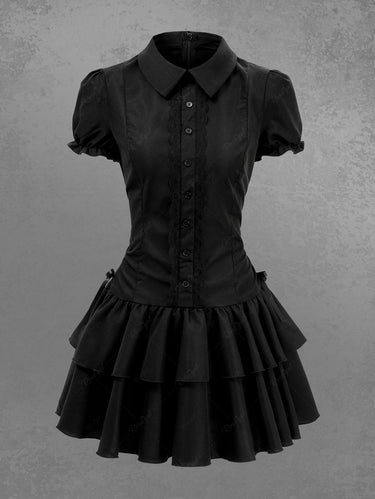 Gothic Turn-down Collar Button Tied Layered Ruffles A Line Solid Shirted Dress