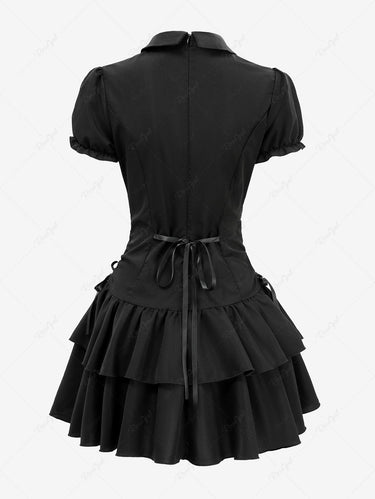 Gothic Turn-down Collar Button Tied Layered Ruffles A Line Solid Shirted Dress