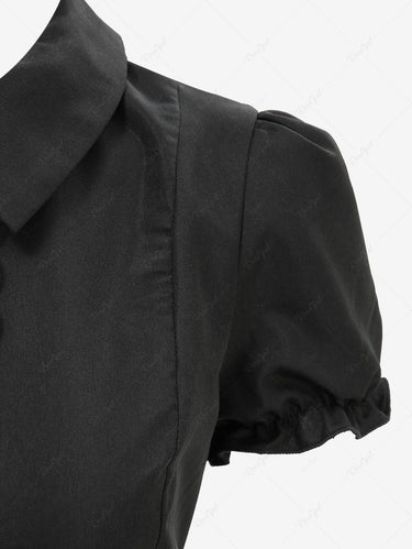 Gothic Turn-down Collar Button Tied Layered Ruffles A Line Solid Shirted Dress