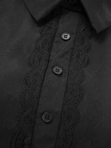 Gothic Turn-down Collar Button Tied Layered Ruffles A Line Solid Shirted Dress