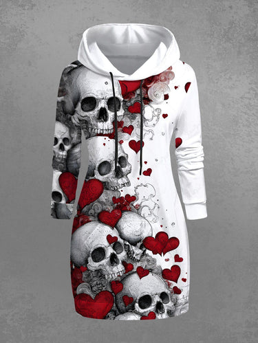 Gothic Plus Size Skulls Heart Print Drawstring Pockets Hoodie