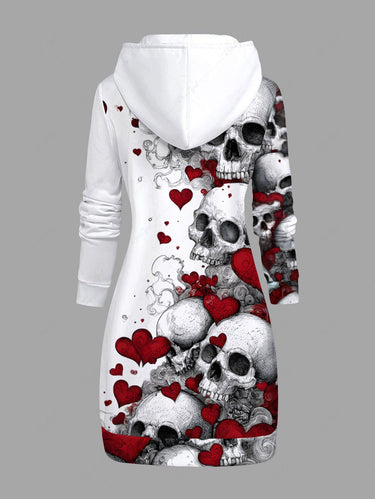 Gothic Plus Size Skulls Heart Print Drawstring Pockets Hoodie