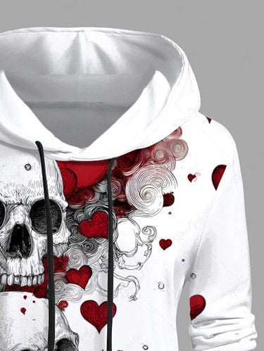 Gothic Plus Size Skulls Heart Print Drawstring Pockets Hoodie