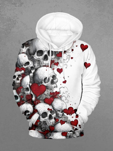 Gothic Plus Size Skulls Heart Print Drawstring Pockets Hoodie For Men