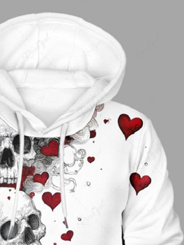 Gothic Plus Size Skulls Heart Print Drawstring Pockets Hoodie For Men