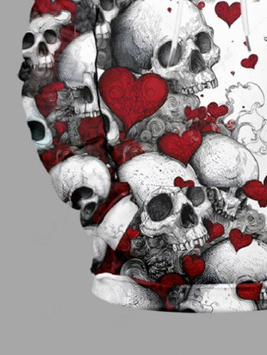 Gothic Plus Size Skulls Heart Print Drawstring Pockets Hoodie For Men