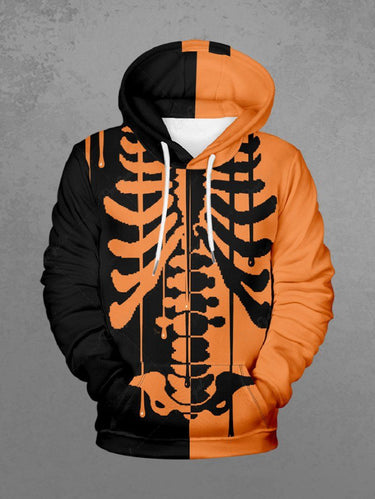Gothic Plus Size Halloween Two Tone Skeleton Print Drawstring Pockets Hoodie For Men