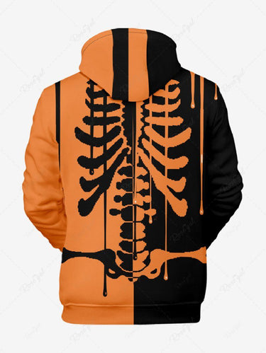 Gothic Plus Size Halloween Two Tone Skeleton Print Drawstring Pockets Hoodie For Men