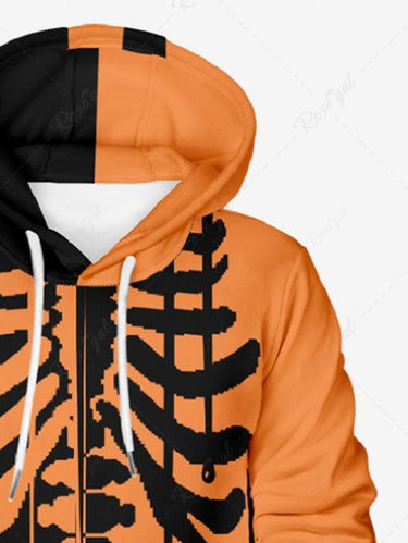 Gothic Plus Size Halloween Two Tone Skeleton Print Drawstring Pockets Hoodie For Men