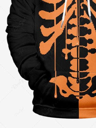 Gothic Plus Size Halloween Two Tone Skeleton Print Drawstring Pockets Hoodie For Men