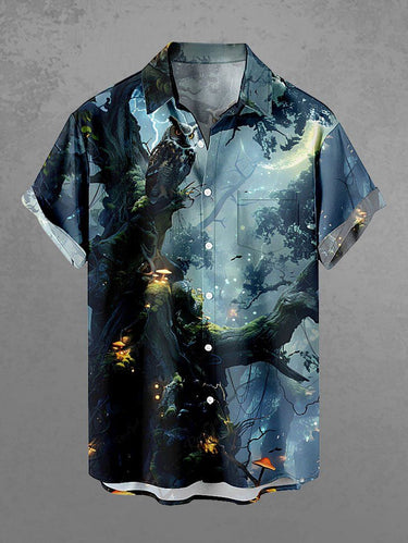 Gothic Plus Size Tree Mushroom Owl Print Buttons Pocket Shirt For Men