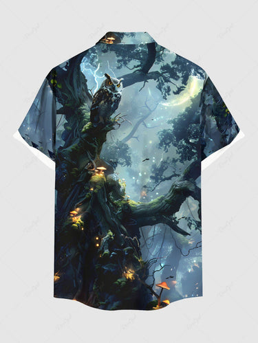 Gothic Plus Size Tree Mushroom Owl Print Buttons Pocket Shirt For Men