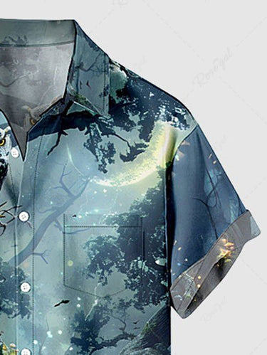Gothic Plus Size Tree Mushroom Owl Print Buttons Pocket Shirt For Men