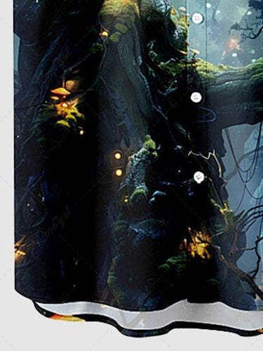 Gothic Plus Size Tree Mushroom Owl Print Buttons Pocket Shirt For Men