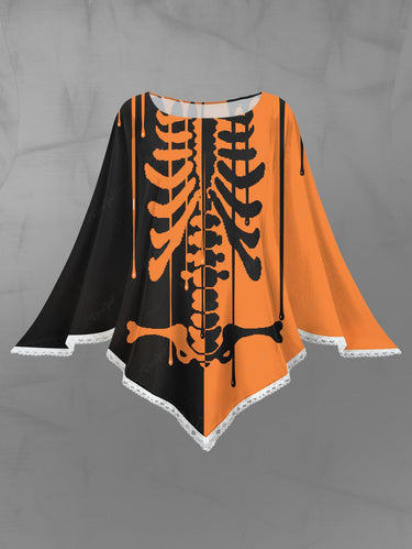 Gothic Plus Size Halloween Two Tone Skeleton Print Asymmetric Pullover Cape Cloak