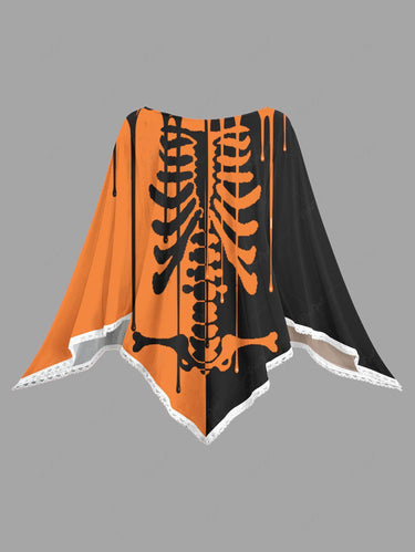 Gothic Plus Size Halloween Two Tone Skeleton Print Asymmetric Pullover Cape Cloak