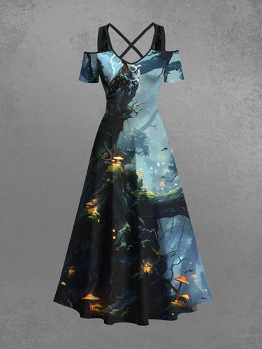 Gothic Plus Size Tree Mushroom Owl Print Cold Shoulder Crisscross Maxi Dress