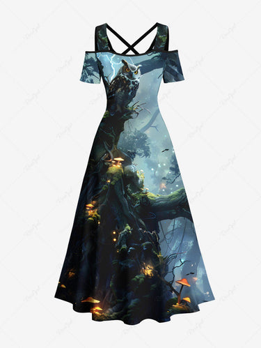 Gothic Plus Size Tree Mushroom Owl Print Cold Shoulder Crisscross Maxi Dress