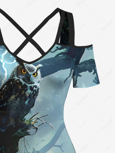Gothic Plus Size Tree Mushroom Owl Print Cold Shoulder Crisscross Maxi Dress