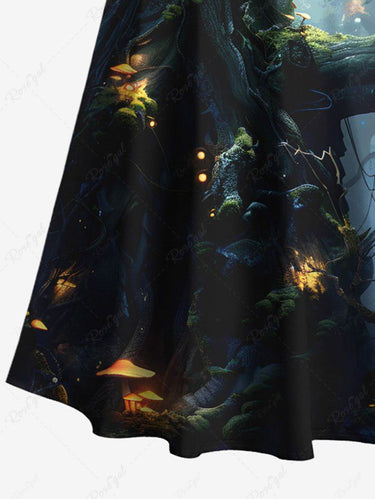 Gothic Plus Size Tree Mushroom Owl Print Cold Shoulder Crisscross Maxi Dress