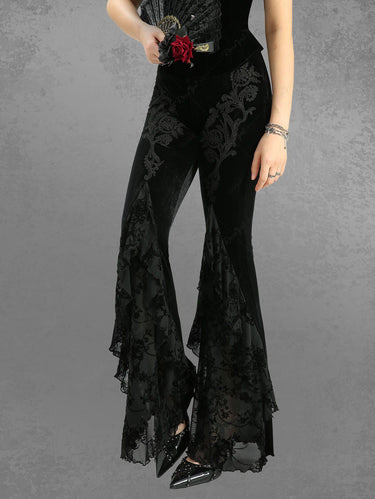 Gothic Applique Flower Butterfly Flocking Ruffles Velvet Flare Pants