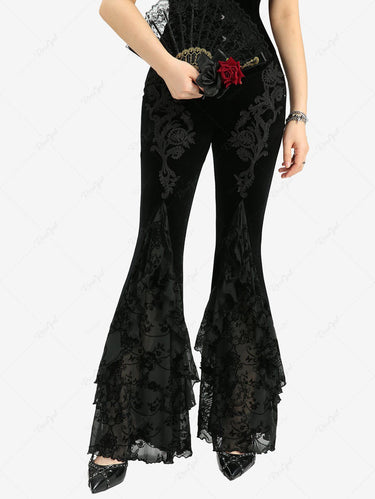 Gothic Applique Flower Butterfly Flocking Ruffles Velvet Flare Pants