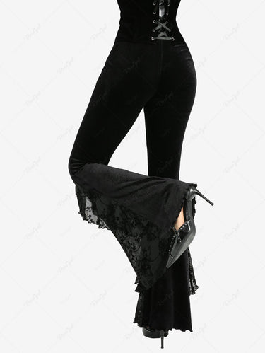 Gothic Applique Flower Butterfly Flocking Ruffles Velvet Flare Pants