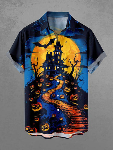 Gothic Plus Size Halloween Pumpkin Moon Bat Castle Print Buttons Pocket Shirt For Men