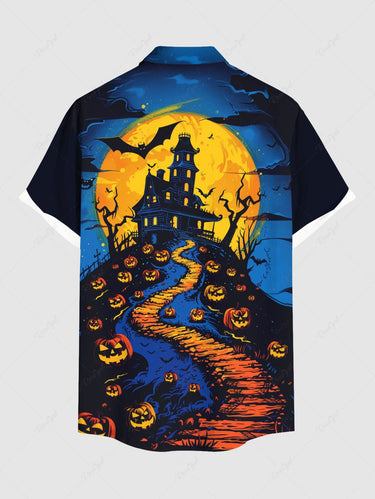 Gothic Plus Size Halloween Pumpkin Moon Bat Castle Print Buttons Pocket Shirt For Men